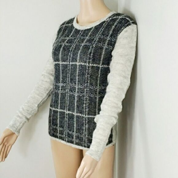 LOFT Plaid Gray Color Block Mohair Blend Crewneck Pullover Sweater Size Medium - Picture 4 of 12